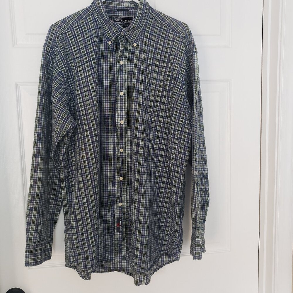 Britches Great Outdoors Men's Indigo Plaid Cotton Flannel Shirt Blue Green Sz XL
